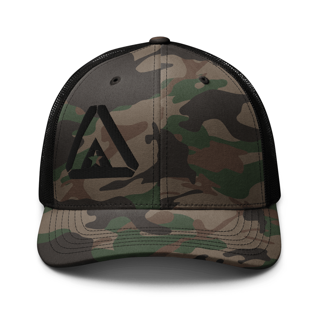 Camo trucker hat featuring a black DIA logo on the front with black mesh back panels.