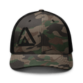 Camo trucker hat featuring a black DIA logo on the front with black mesh back panels.