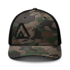 Camo trucker hat featuring a black DIA logo on the front with black mesh back panels.