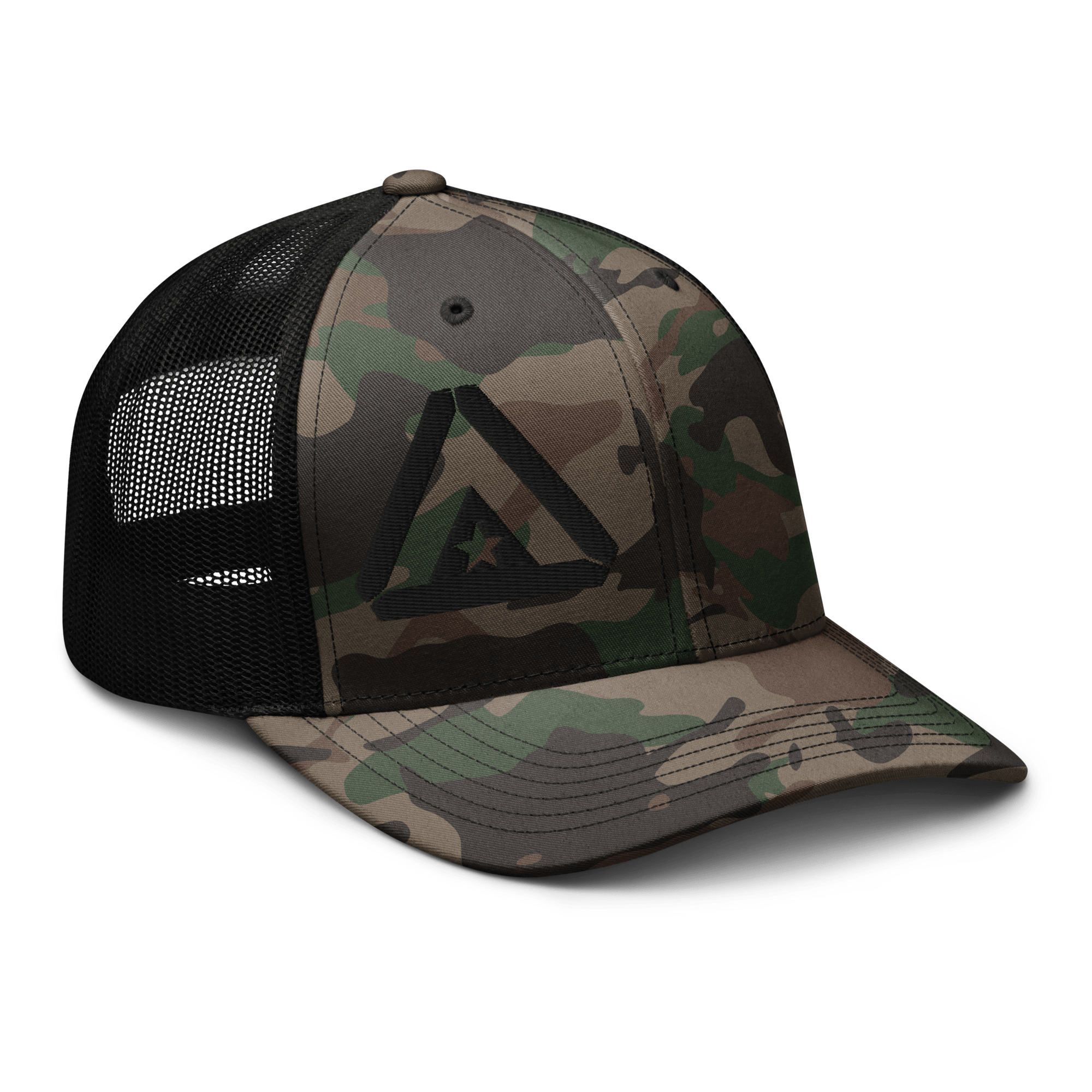 Camo trucker hat from a three-quarter view, featuring a black DIA logo on the front and black mesh back panels.