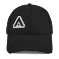 Black distressed trucker cap, front view, featuring a large white DIA logo centered on the crown.