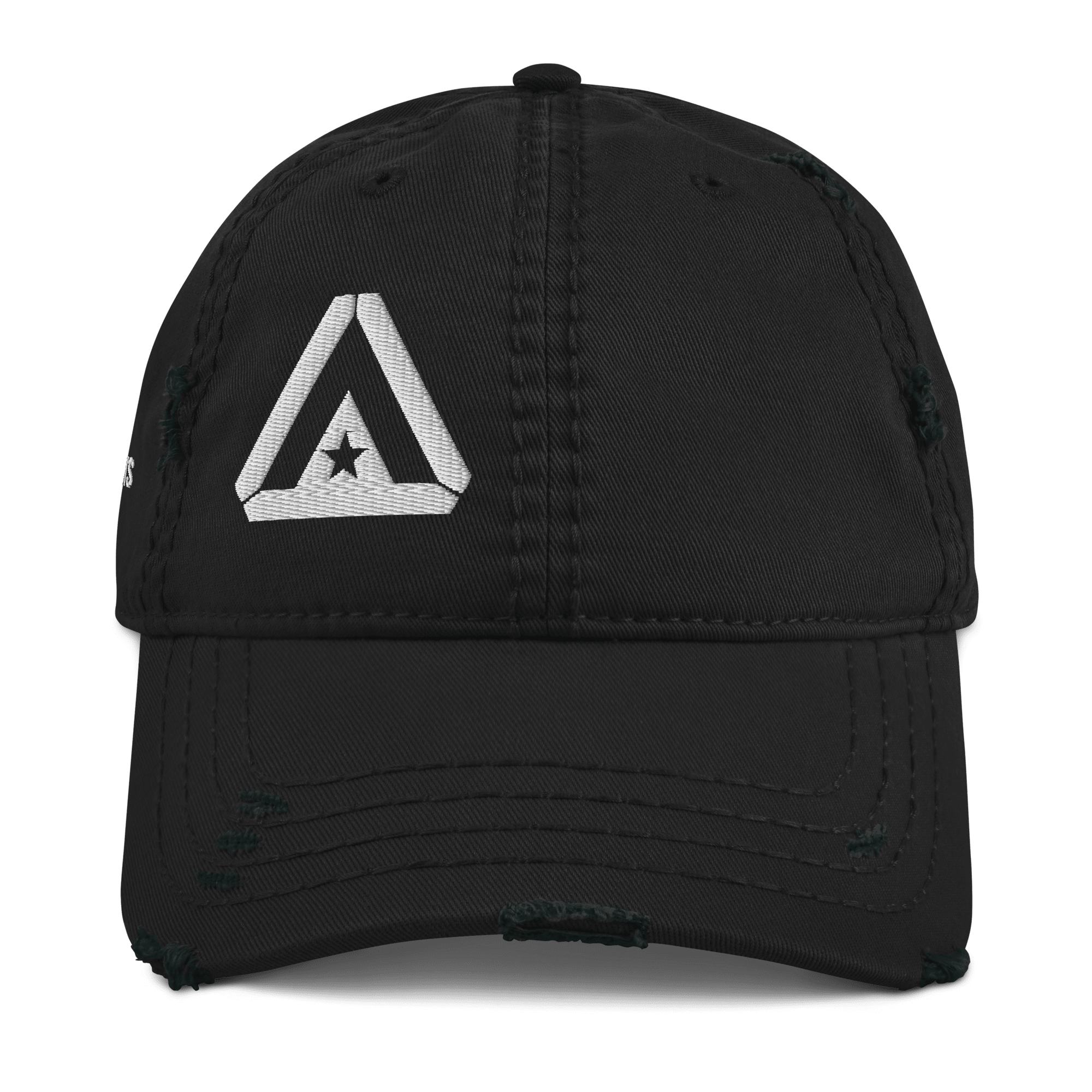 Black distressed trucker cap, front view, featuring a large white DIA logo centered on the crown.