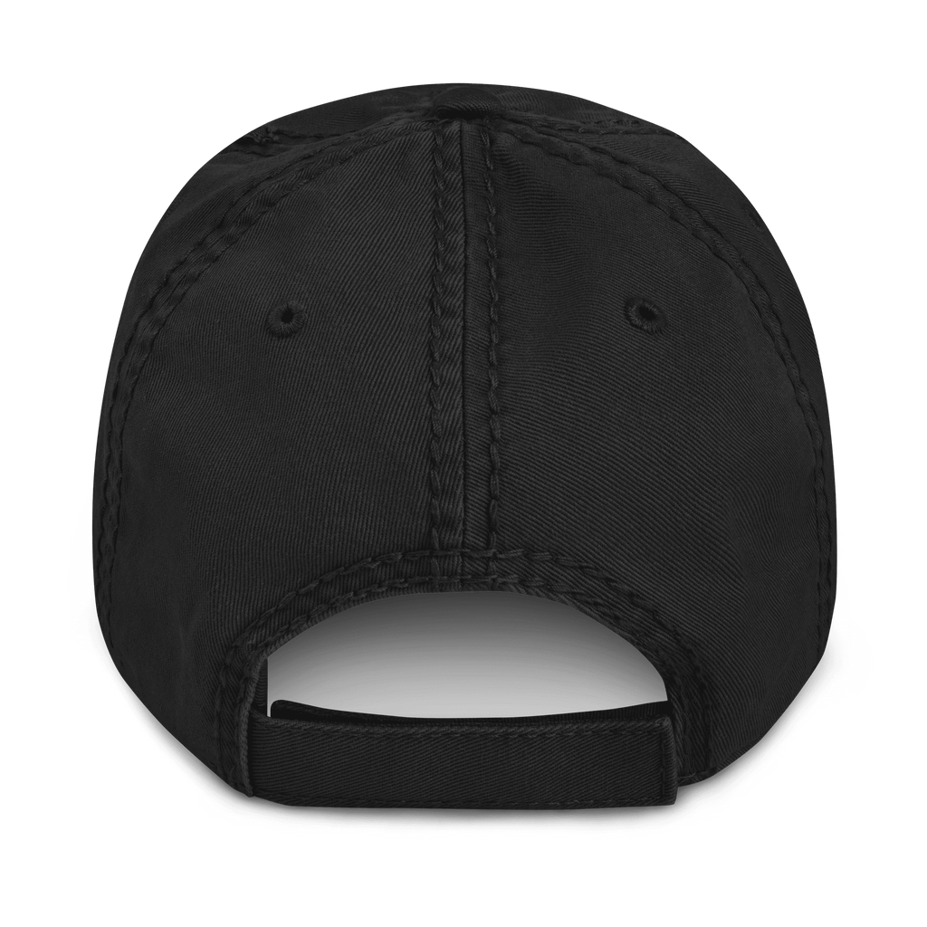 Black distressed cap, back view, featuring a matching adjustable strap and visible stitching on the crown.