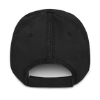 Black distressed cap, back view, featuring a matching adjustable strap and visible stitching on the crown.