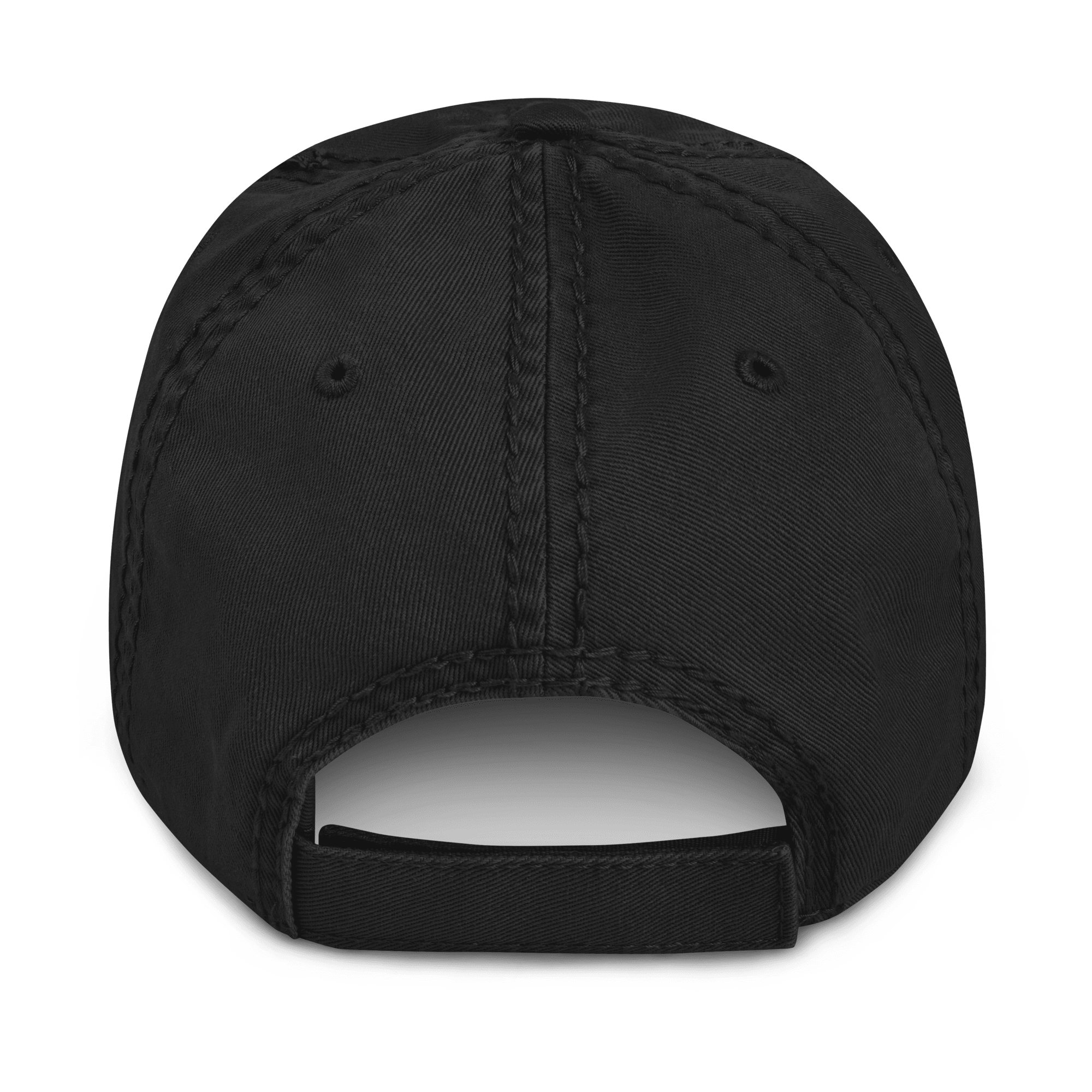 Black distressed cap, back view, featuring a matching adjustable strap and visible stitching on the crown.