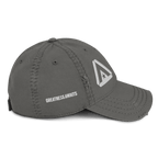 Charcoal gray distressed hat shown at a side view with a white embroidered DIA logo and "GREATNESS AWAITS" text.