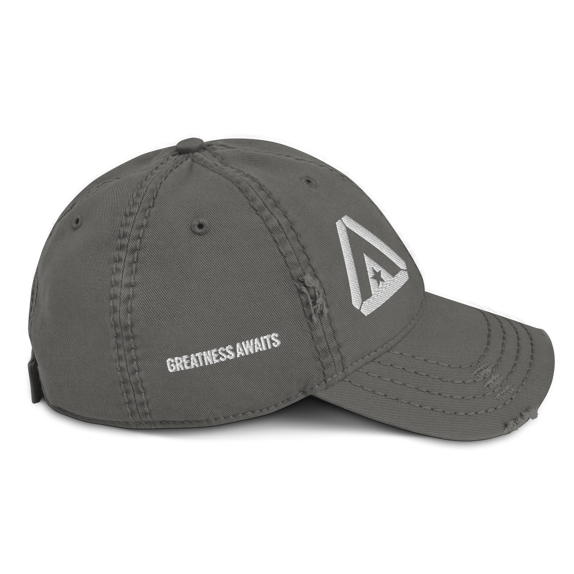 Charcoal gray distressed hat shown at a side view with a white embroidered DIA logo and "GREATNESS AWAITS" text.