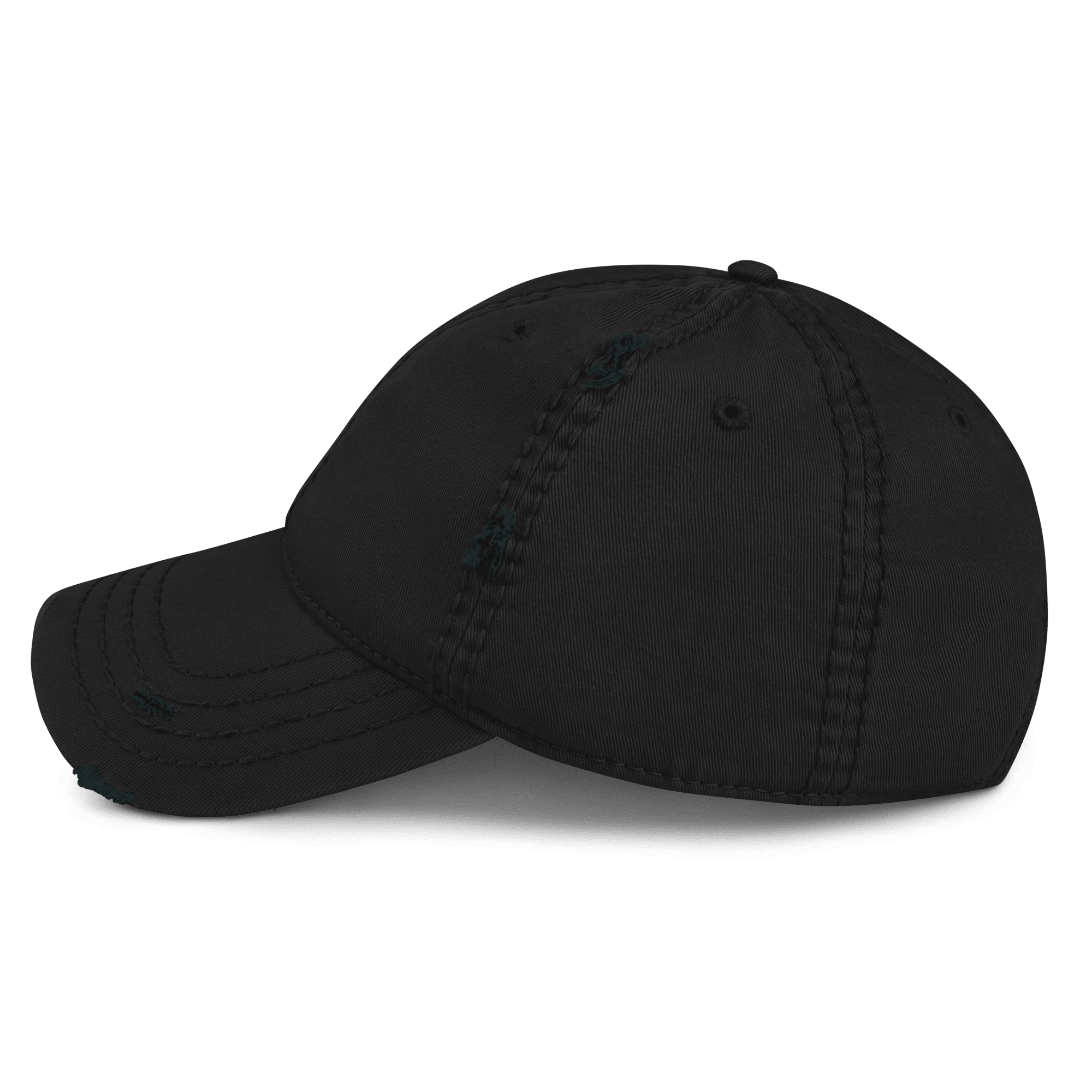 Black distressed cap, shown from a left-side view, featuring visible stitching and distressing on the crown and brim.
