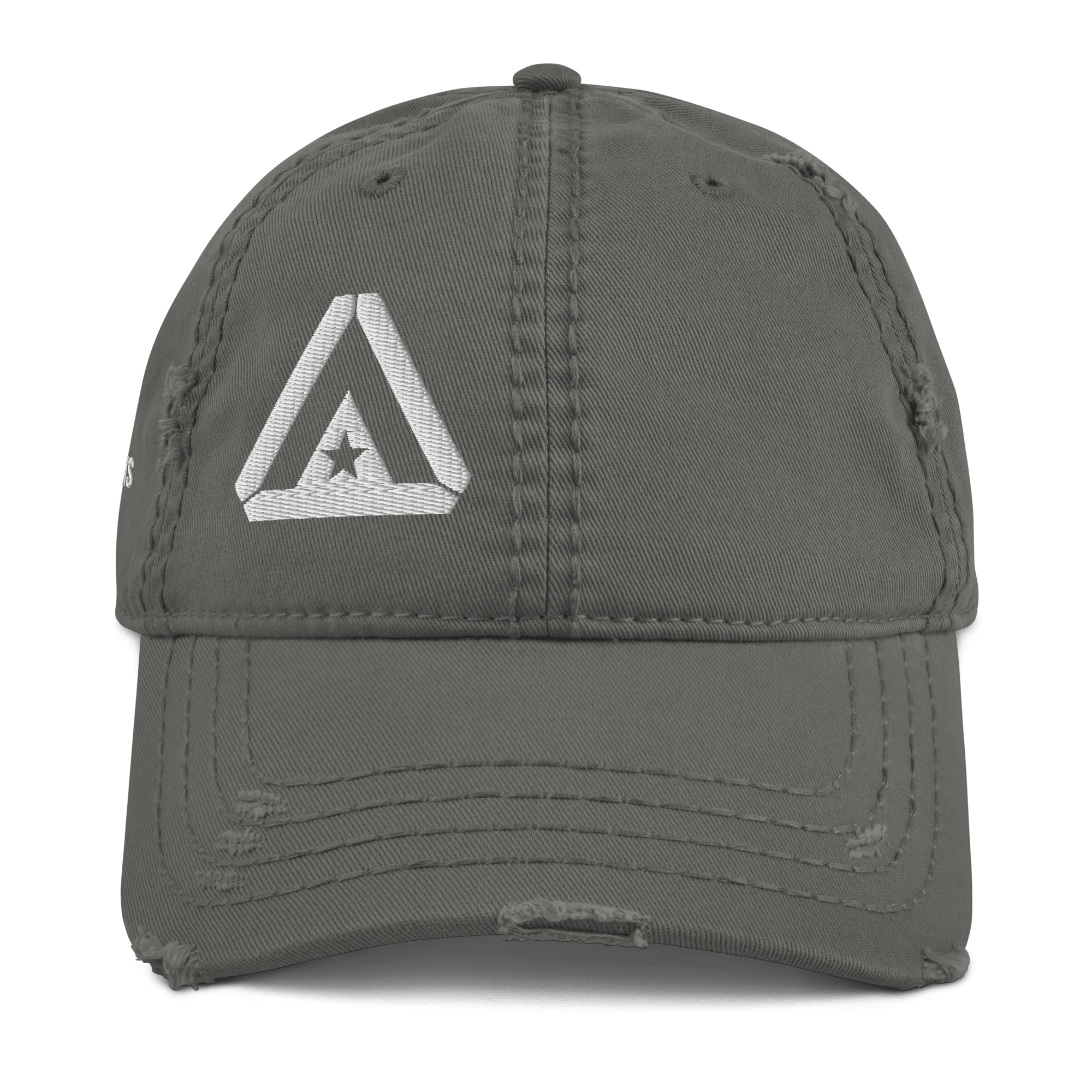Charcoal grey distressed trucker cap, front view, featuring a large white DIA logo centered on the crown.
