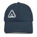 Navy blue distressed trucker cap, front view, featuring a large white DIA logo centered on the crown.