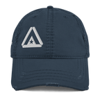 Navy blue distressed trucker cap, front view, featuring a large white DIA logo centered on the crown.