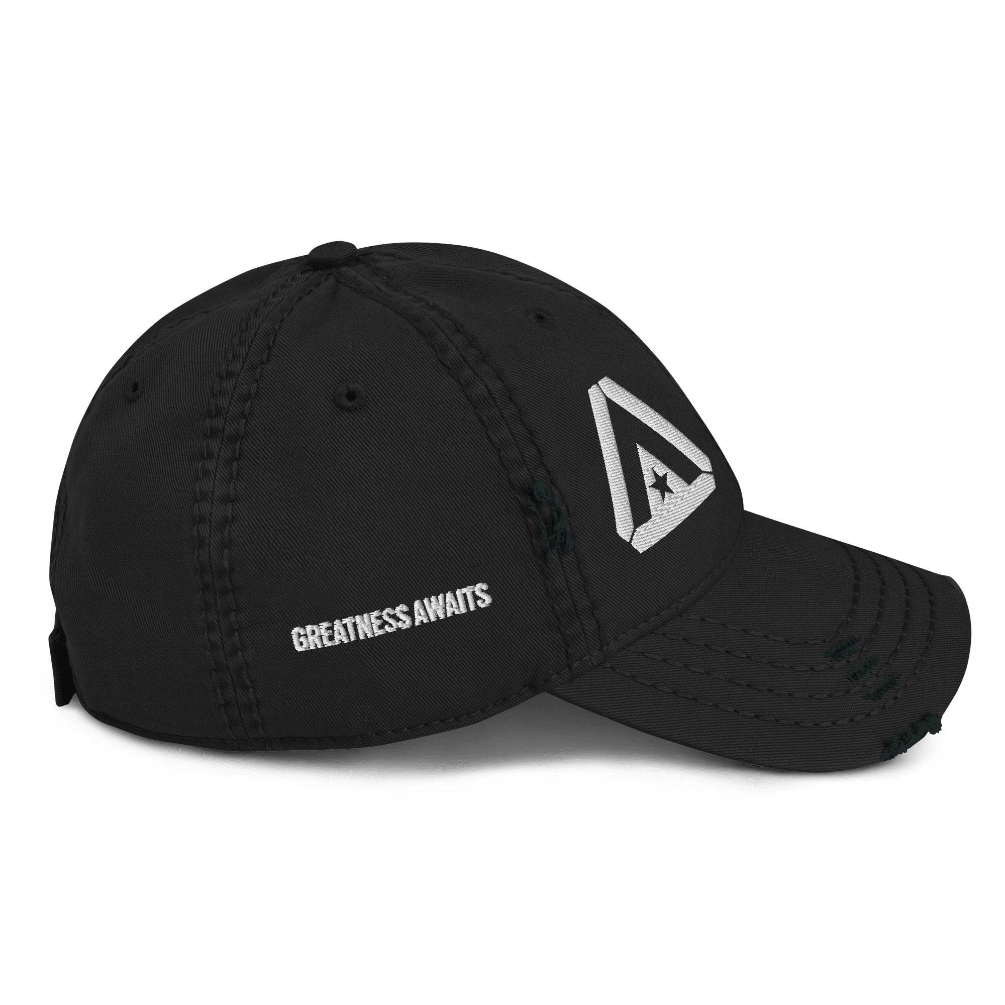 Black distressed cap, right-side view, featuring "GREATNESS AWAITS" text and a white DIA logo on the front.