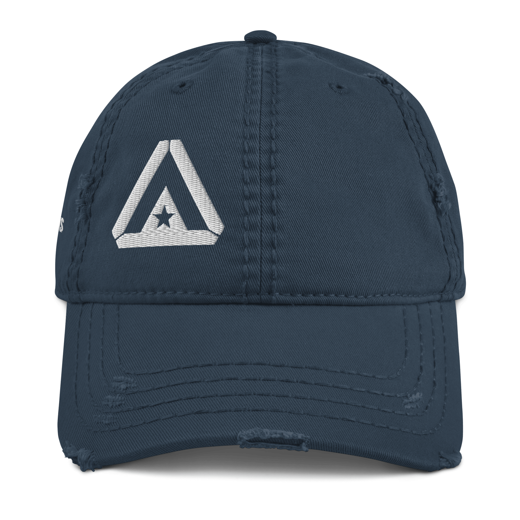 Navy blue distressed hat, front view, featuring a white embroidered DIA logo on the front panel.