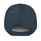Navy blue distressed cap, back view, featuring a matching adjustable strap and visible stitching on the crown.