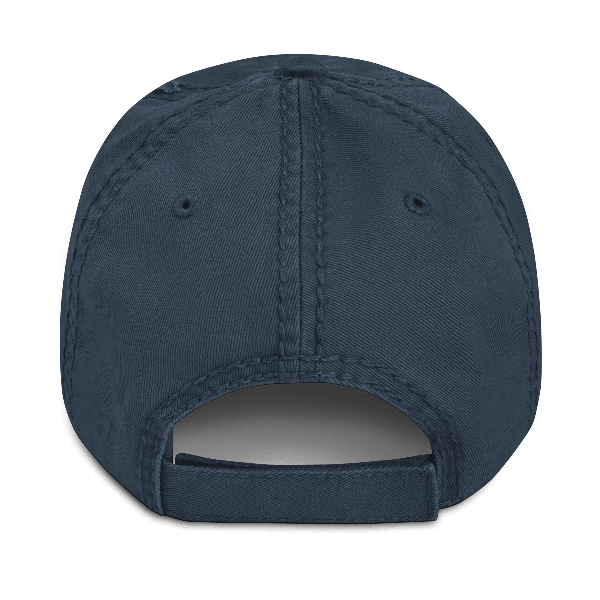 Navy blue distressed cap, back view, featuring a matching adjustable strap and visible stitching on the crown.
