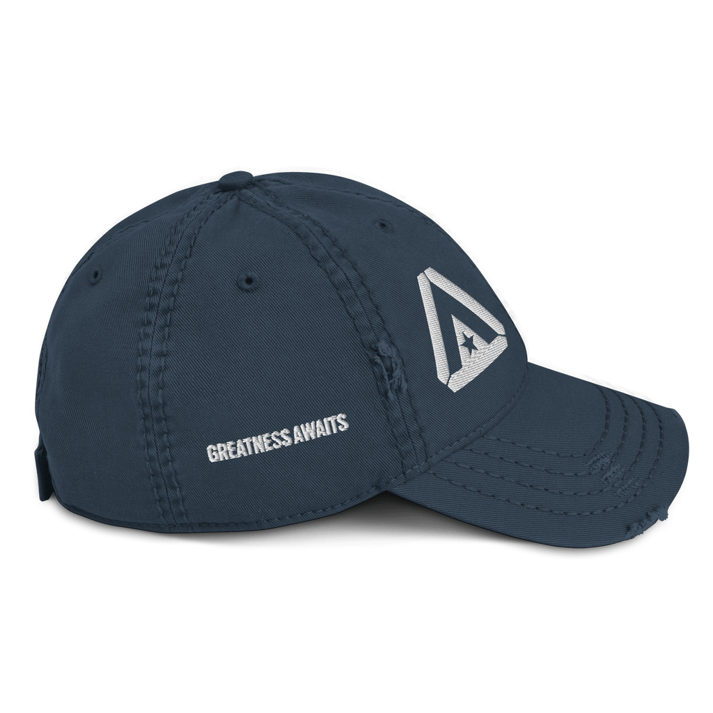 Navy blue distressed cap, right-side view, featuring "GREATNESS AWAITS" text and a white DIA logo on the front.
