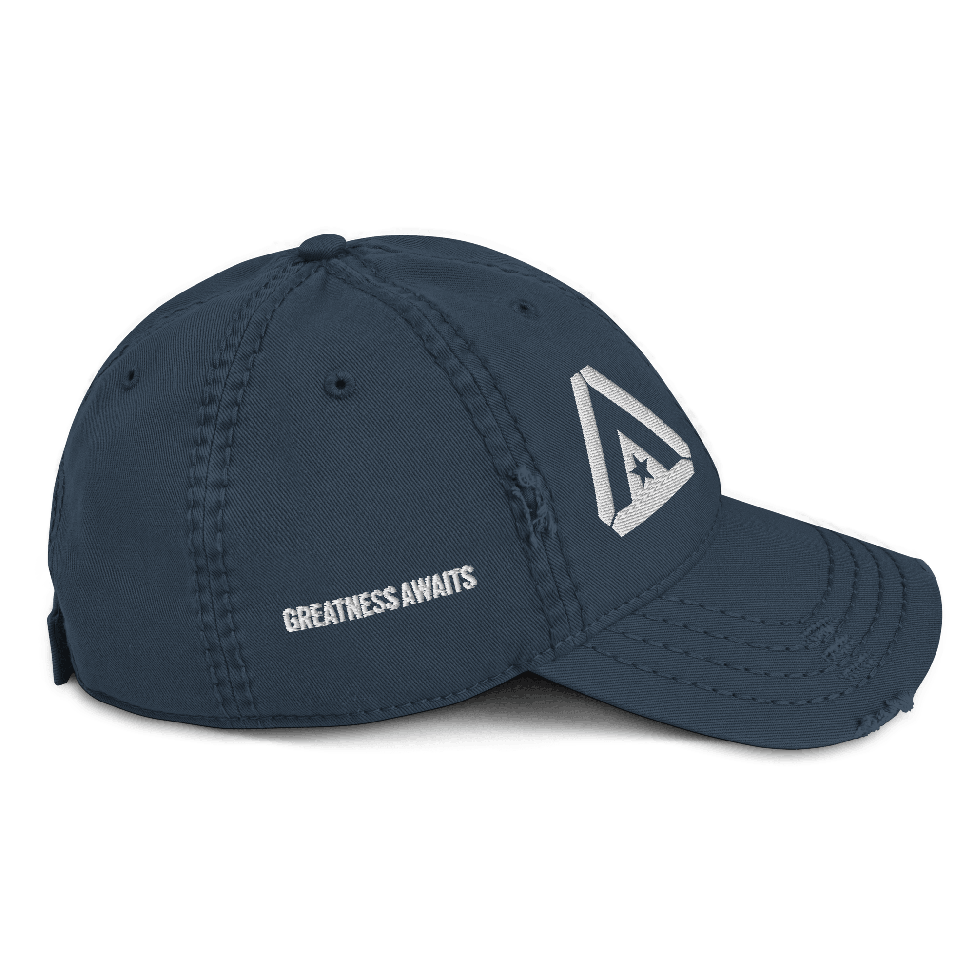 Navy blue distressed cap, right-side view, featuring "GREATNESS AWAITS" text and a white DIA logo on the front.
