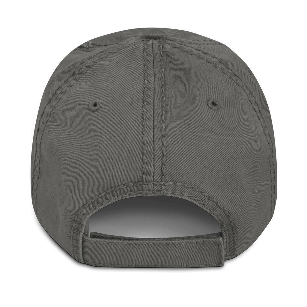 Charcoal grey distressed cap, back view, featuring a matching adjustable strap and visible stitching on the crown.