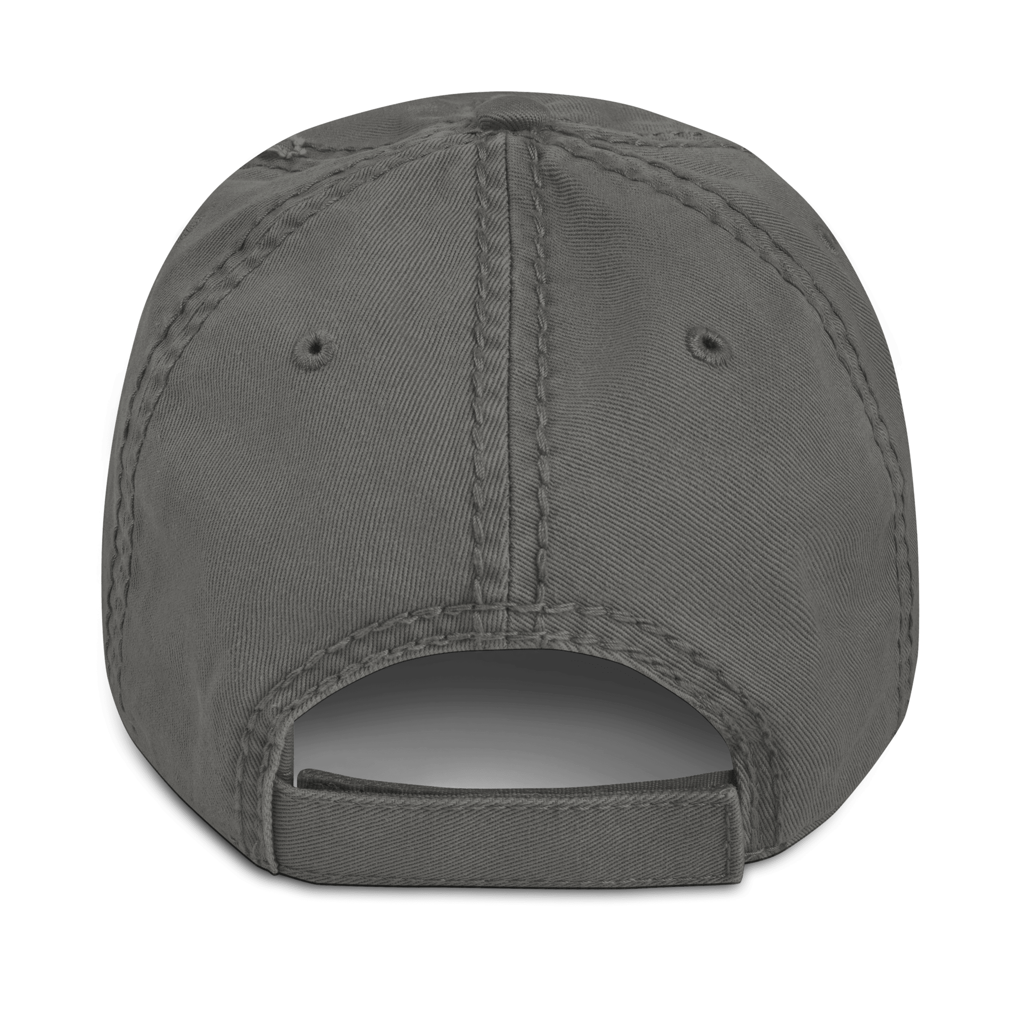 Charcoal grey distressed cap, back view, featuring a matching adjustable strap and visible stitching on the crown.
