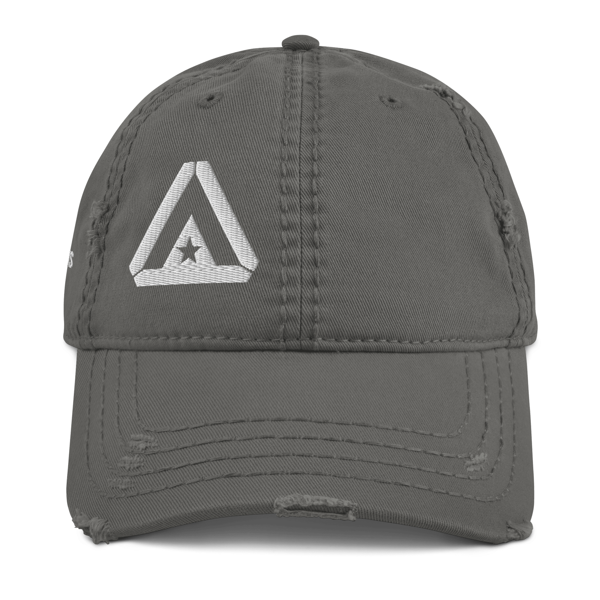 Charcoal gray distressed hat, front view, with a white embroidered DIA logo on the front panel.