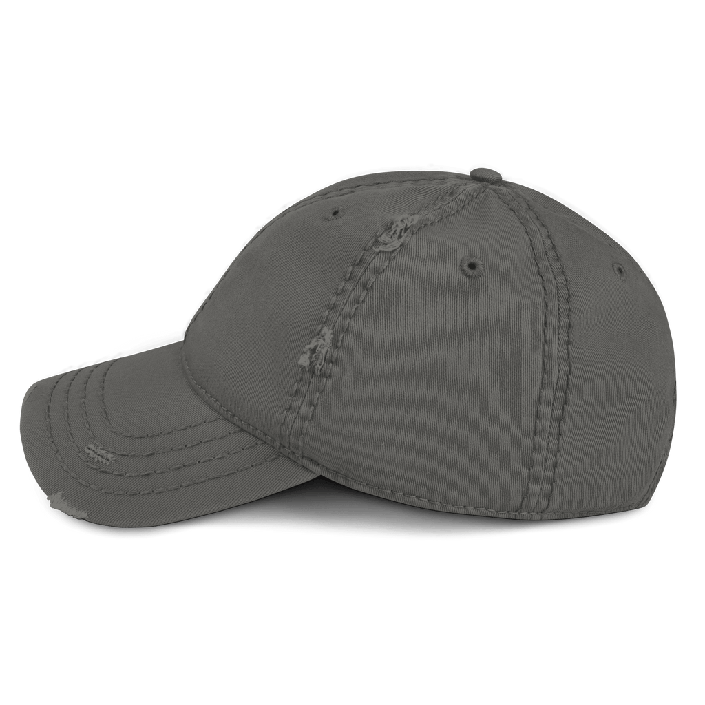 Charcoal grey distressed cap, shown from a left-side view, featuring visible stitching and distressing on the crown and brim.