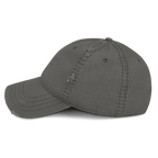 Charcoal grey distressed cap, shown from a left-side view, featuring visible stitching and distressing on the crown and brim.