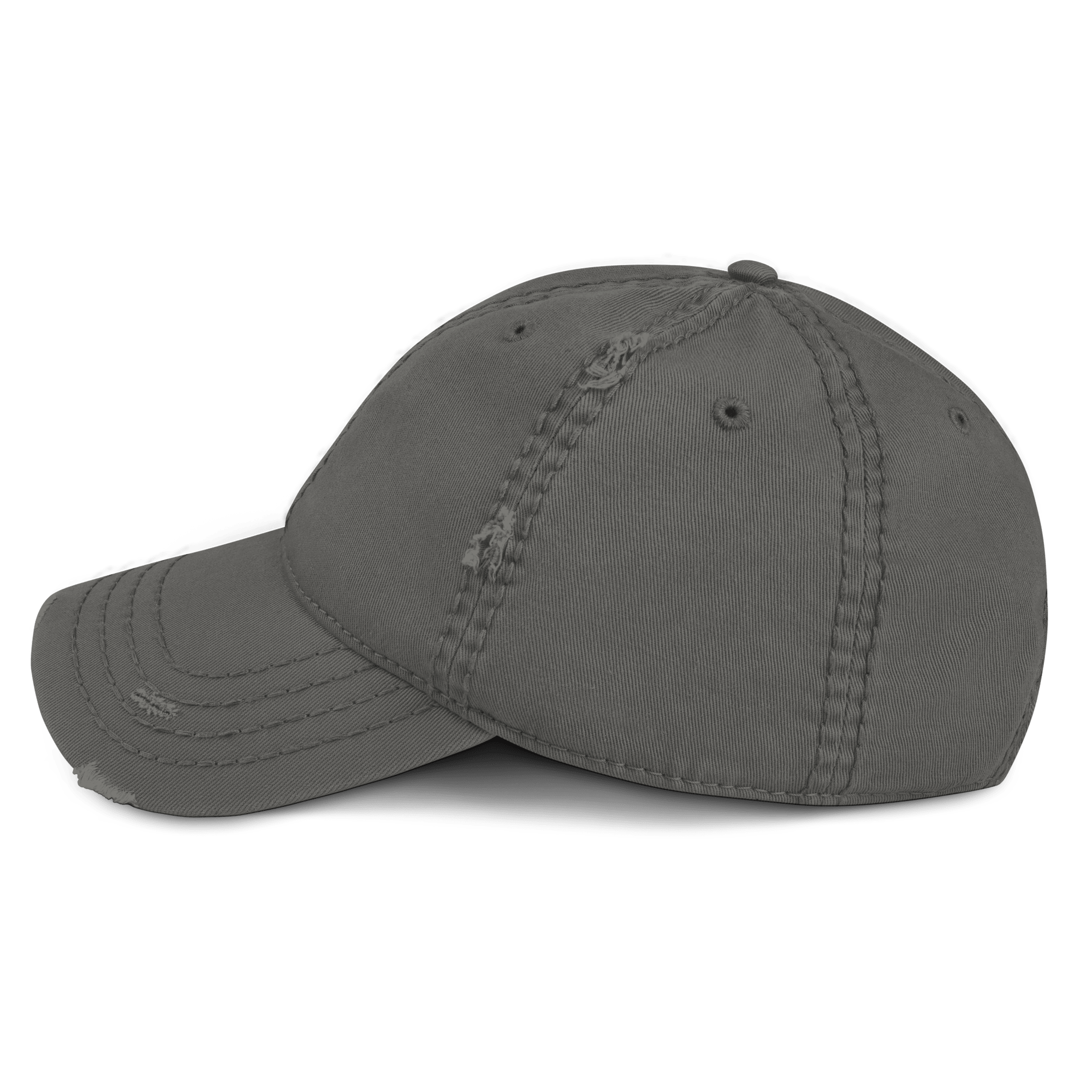 Charcoal grey distressed cap, shown from a left-side view, featuring visible stitching and distressing on the crown and brim.