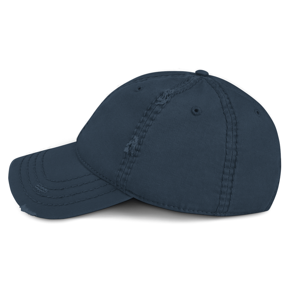 Navy blue distressed cap, shown from a left-side view, featuring visible stitching and distressing on the crown and brim.