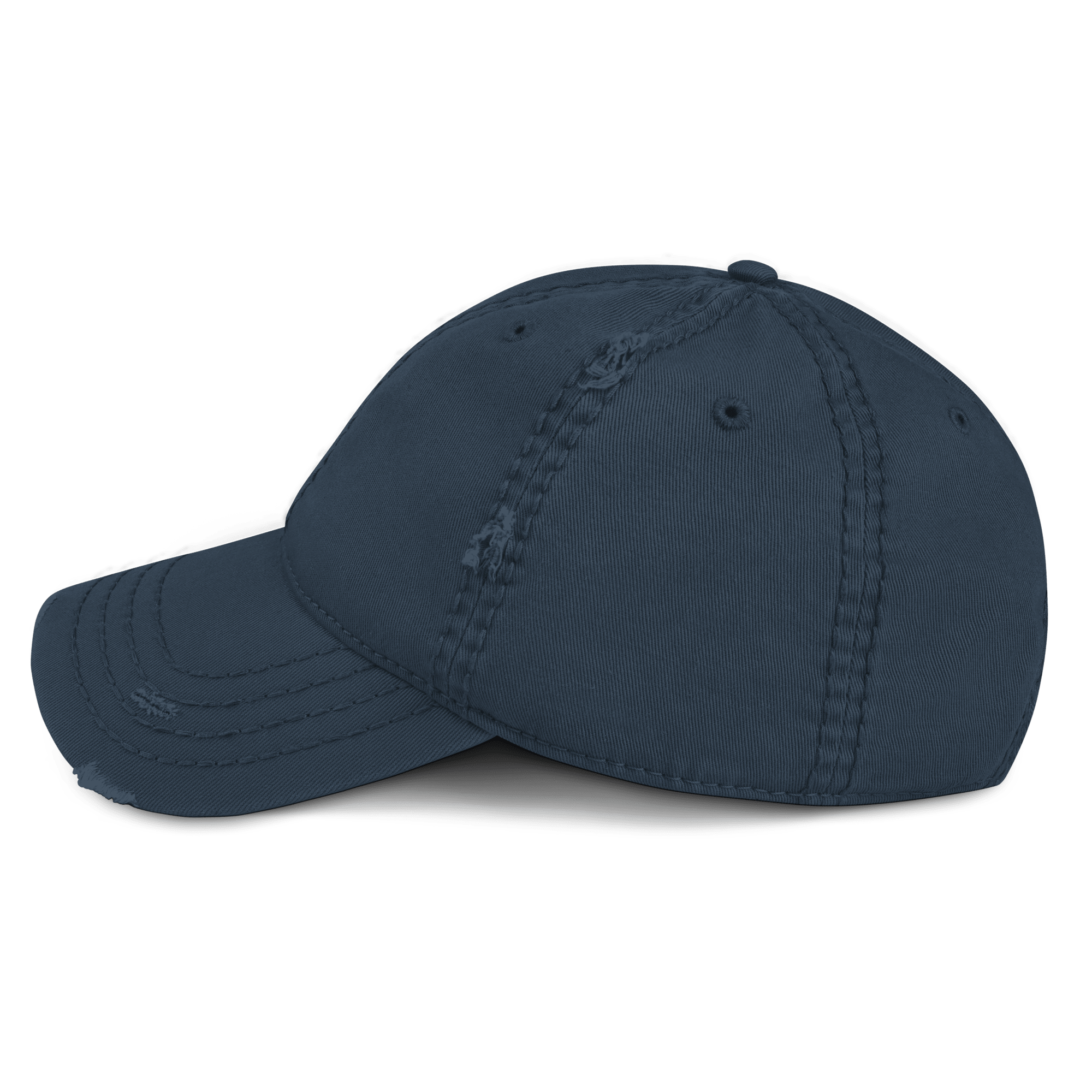 Navy blue distressed cap, shown from a left-side view, featuring visible stitching and distressing on the crown and brim.
