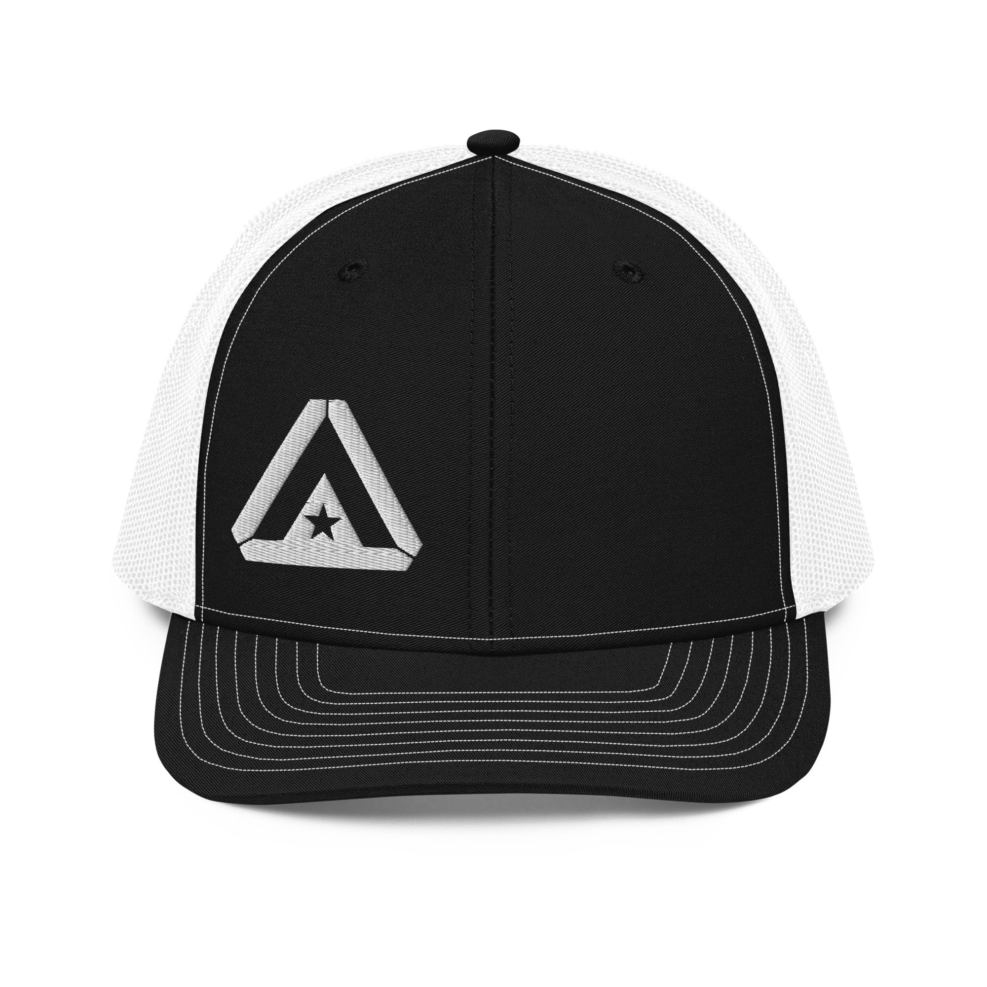 Black trucker cap, front view, featuring a white DIA logo and a white mesh back.