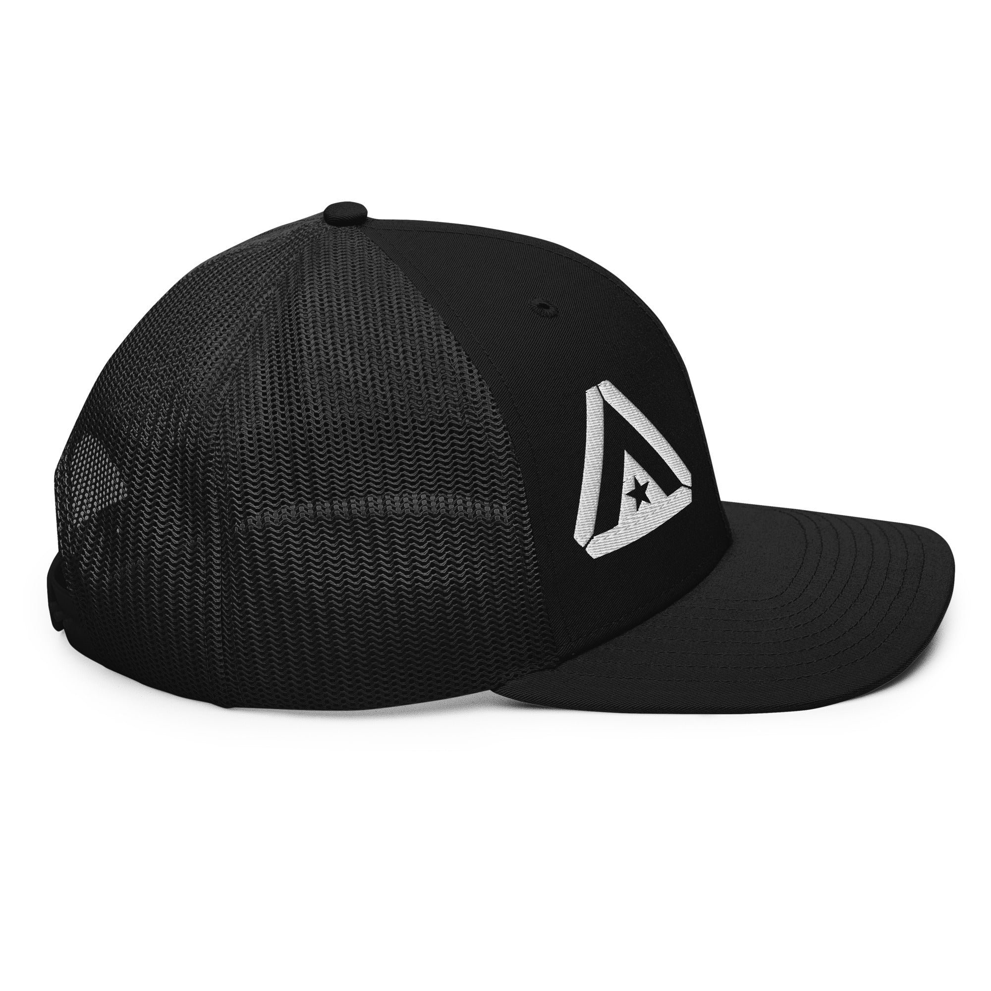Black trucker cap, side profile view, with a white DIA logo and black mesh back.