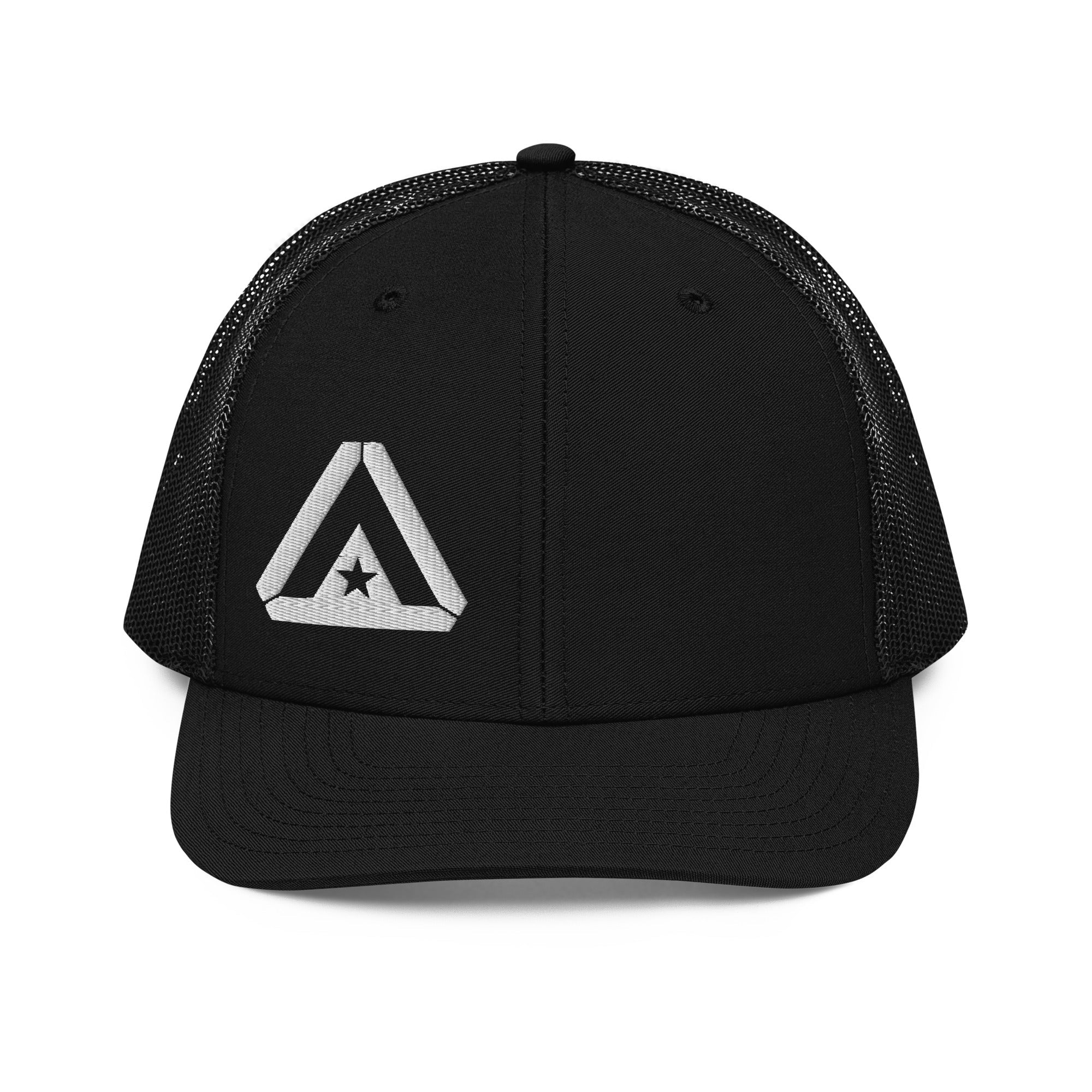 Black trucker cap, front view, featuring a large white DIA logo centered on the crown with a mesh back.