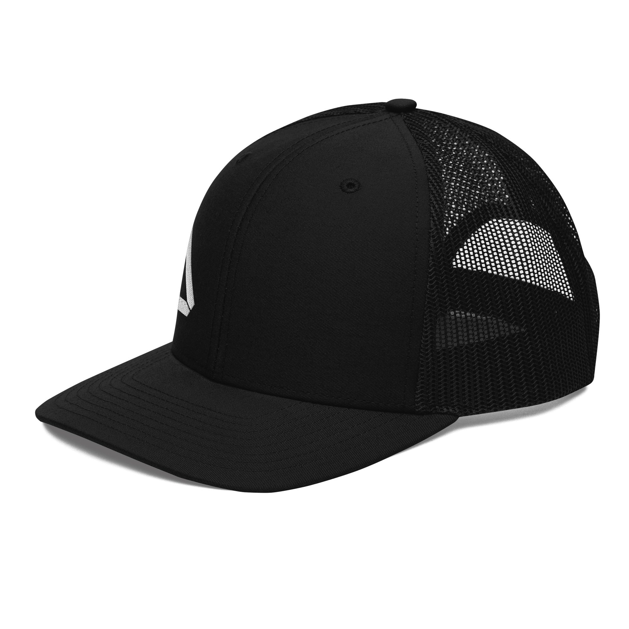 Black trucker cap, three-quarter view angled right, featuring a white DIA logo and a black mesh back.