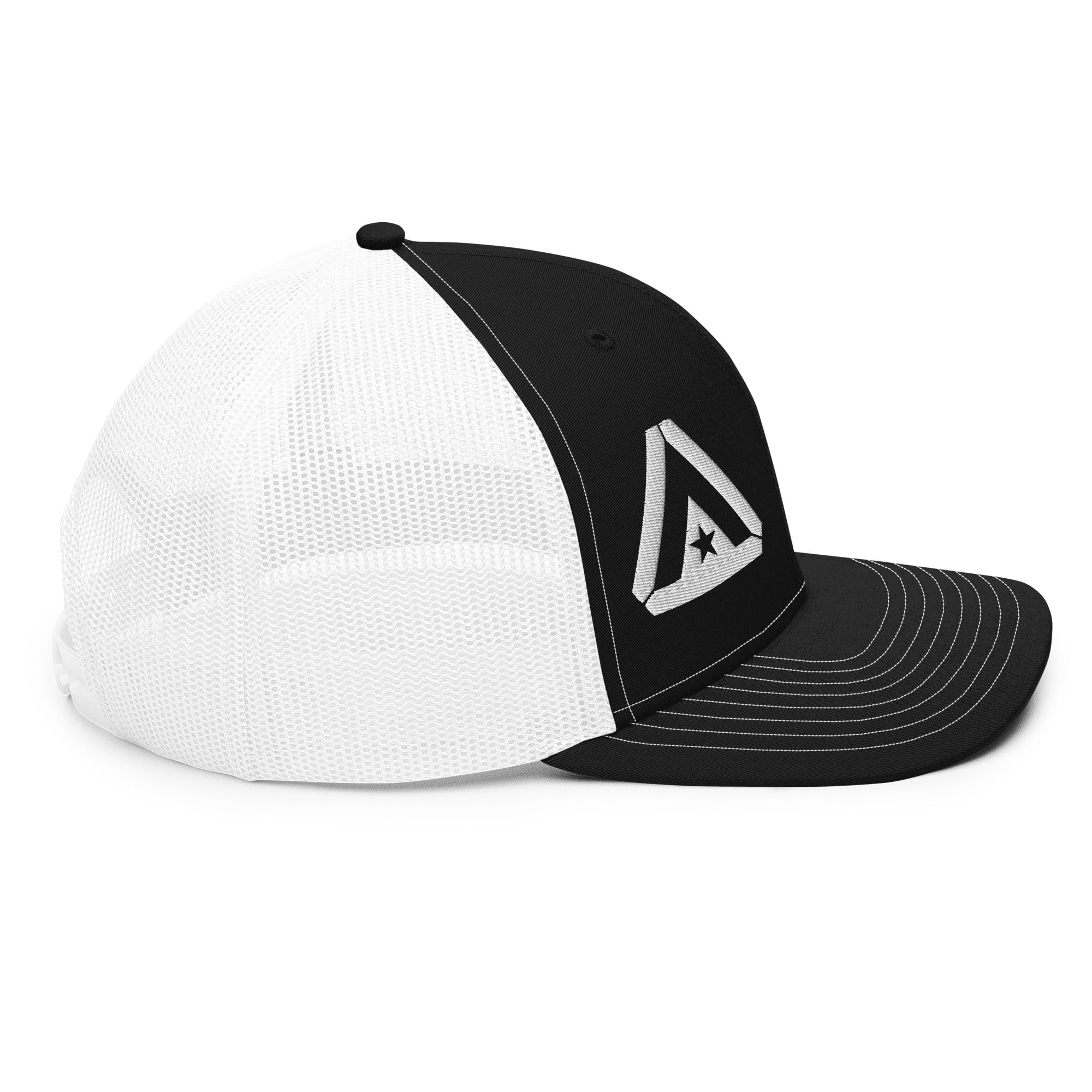 Black trucker cap, side profile view, featuring a white DIA logo and a contrasting white mesh back.