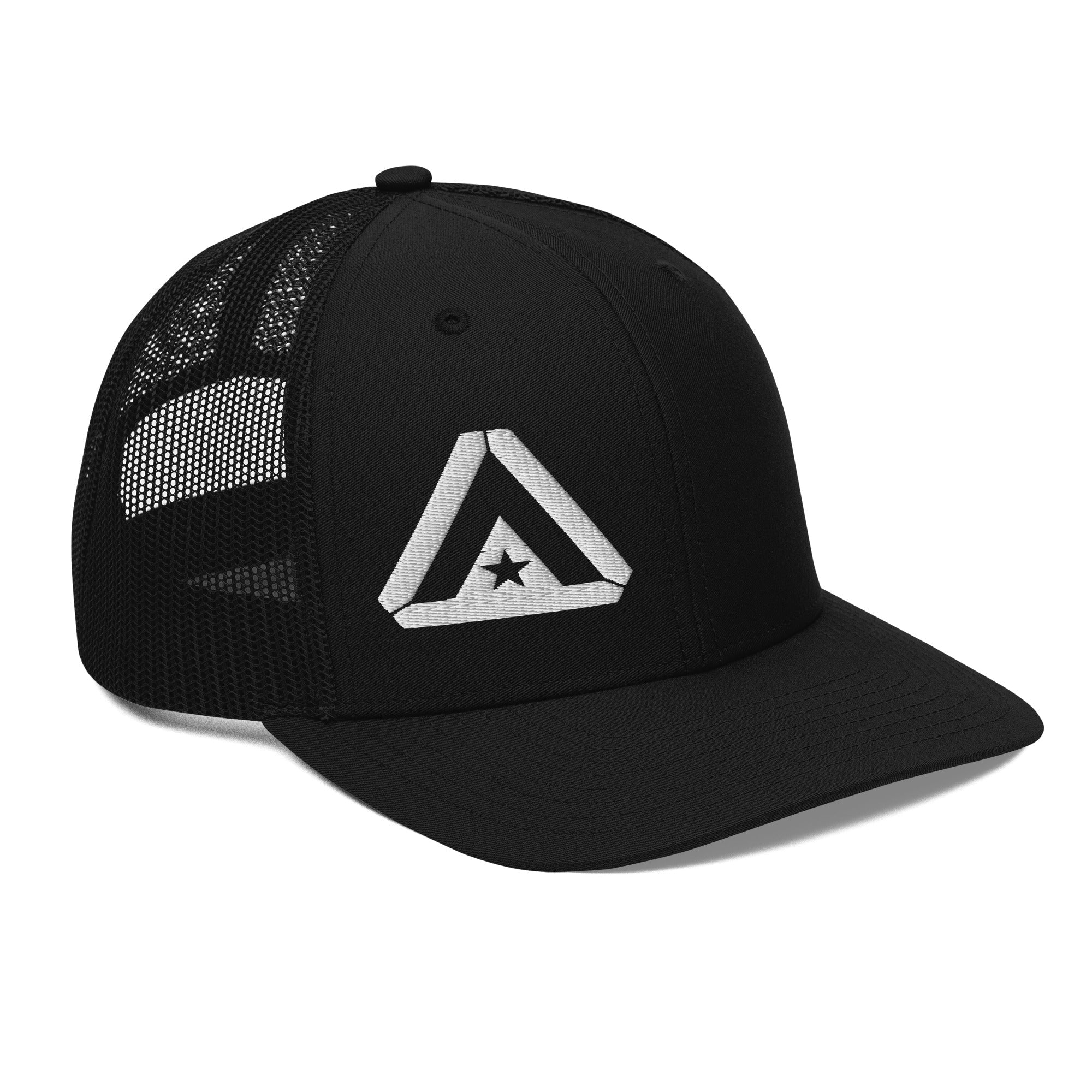 Black trucker cap, three-quarter view angled right, with a white DIA logo and black mesh back.