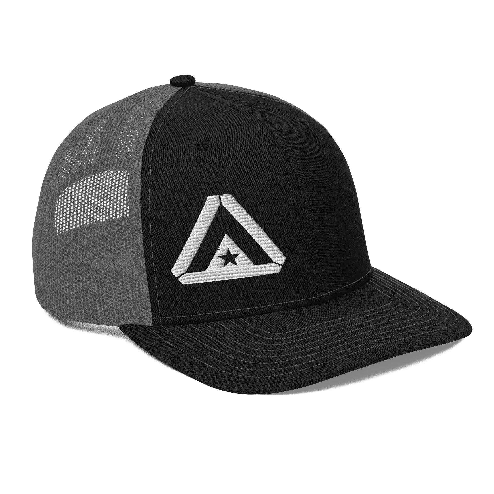 Black trucker cap, three-quarter view angled right, with a white DIA logo on the front and gray mesh.