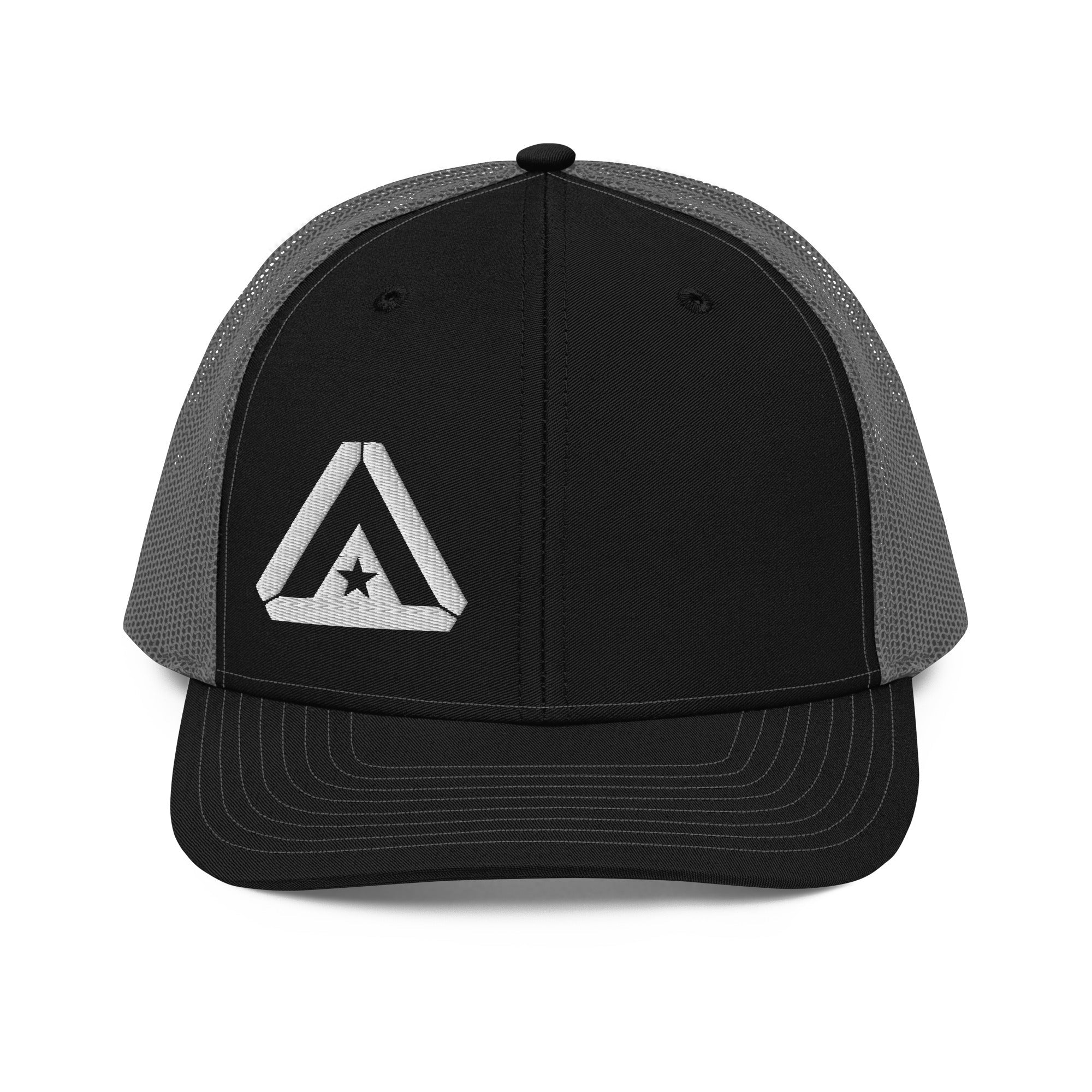 Black and grey trucker cap, front view, featuring a large white DIA logo on the crown with a grey mesh back.