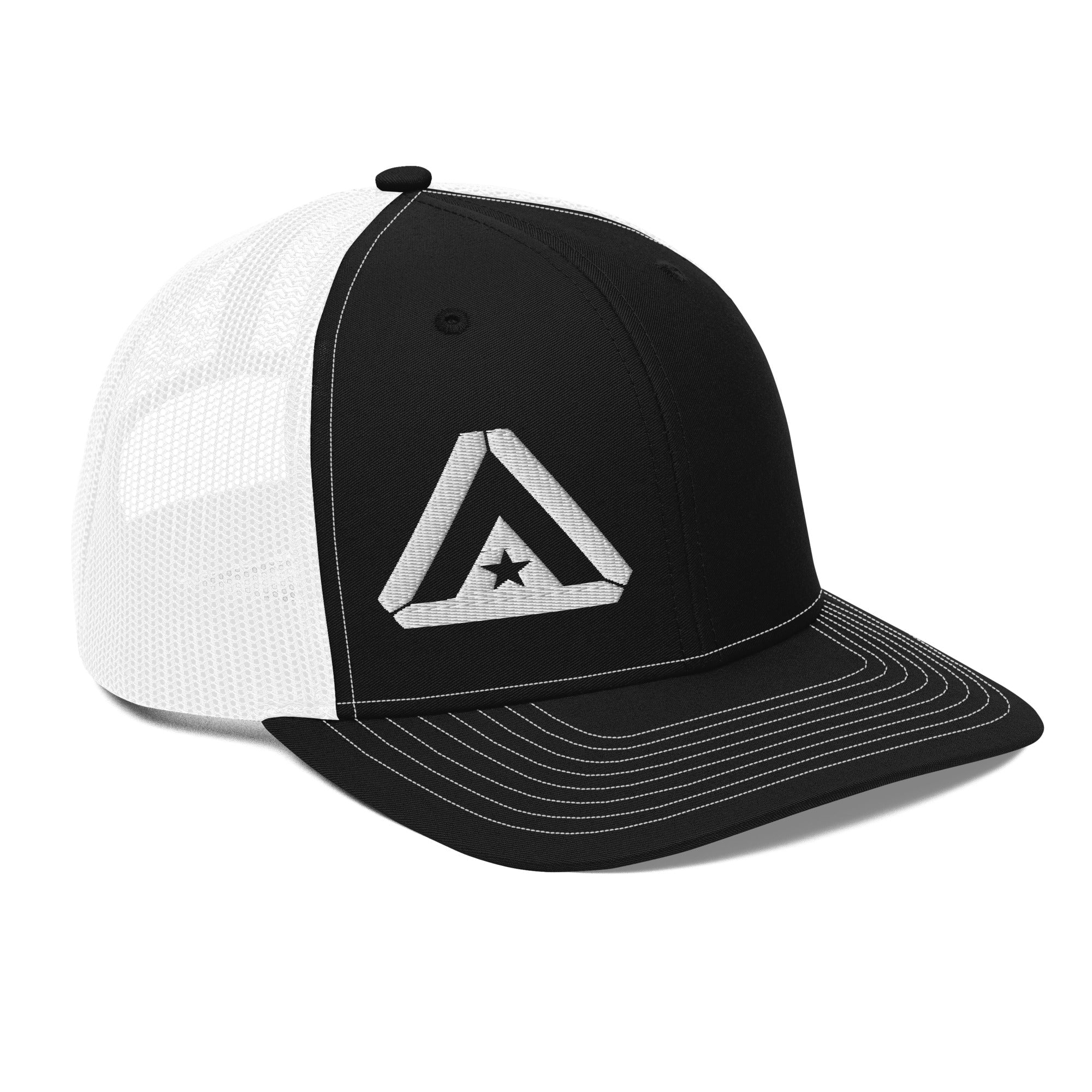 Black trucker cap, three-quarter view angled right, with a white DIA logo and a white mesh back.