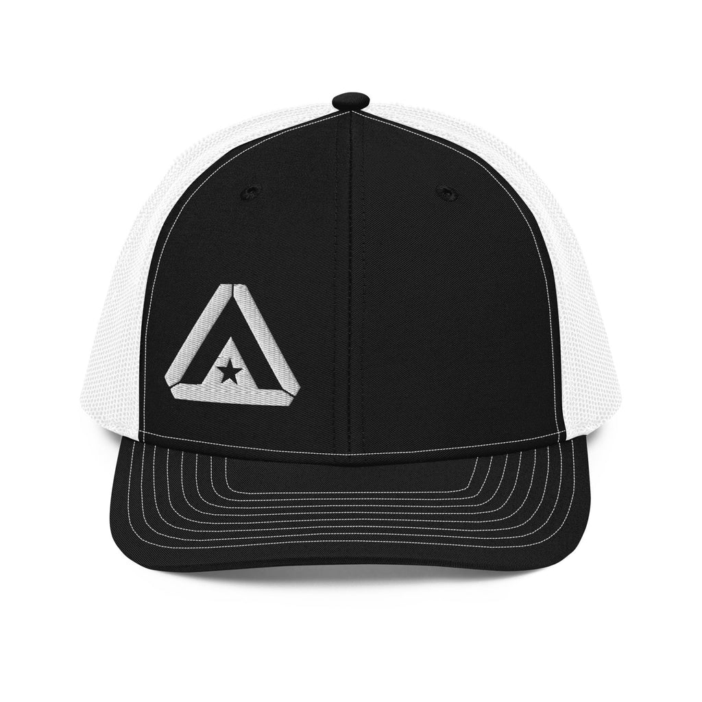 Black and white trucker cap, front view, featuring a large white DIA logo on the crown with white mesh and stitching.