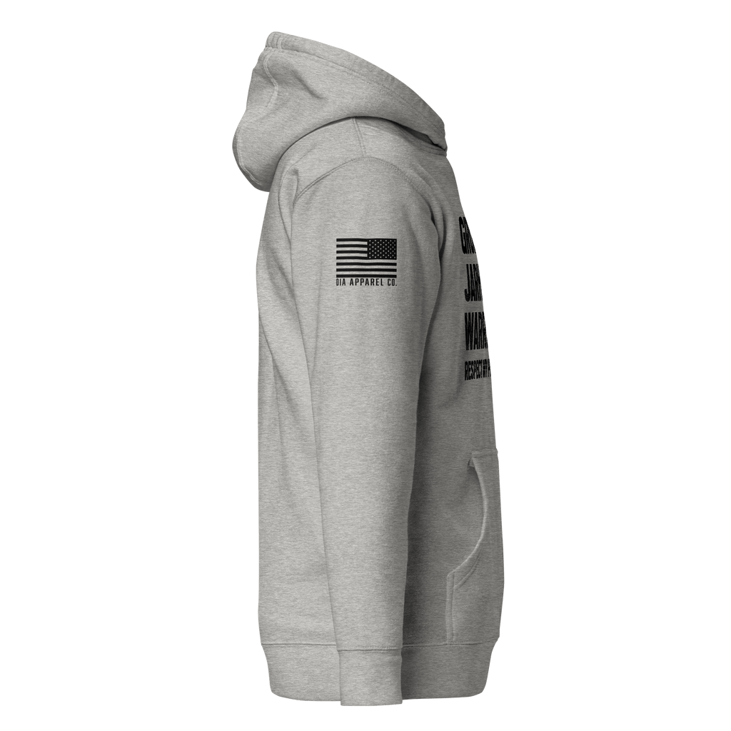 Heather grey hoodie shown from the side, featuring an American flag on the sleeve.