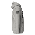 Heather grey hoodie shown from the side, featuring an American flag on the sleeve.