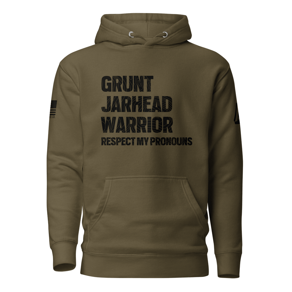 Army green hoodie featuring "GRUNT JARHEAD WARRIOR" text, with a DIA logo and American flag on the sleeve.