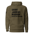 Army green hoodie featuring "GRUNT JARHEAD WARRIOR" text, with a DIA logo and American flag on the sleeve.