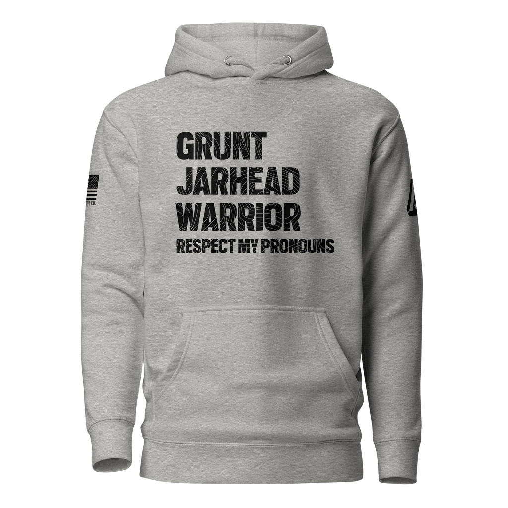 Heather grey hoodie featuring "GRUNT JARHEAD WARRIOR" text, with a DIA logo and American flag on the sleeve.