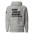 Heather grey hoodie featuring "GRUNT JARHEAD WARRIOR" text, with a DIA logo and American flag on the sleeve.