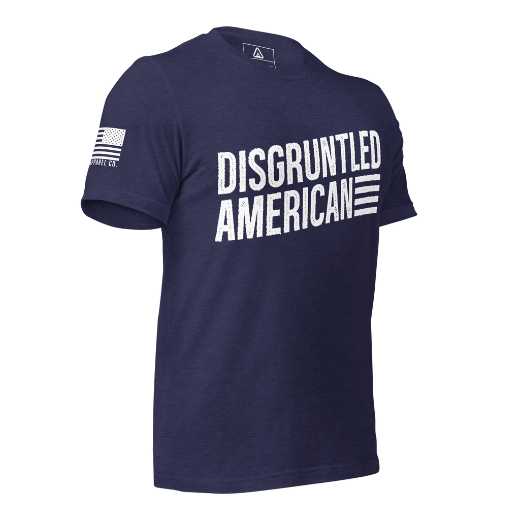 Midnight navy t-shirt angled left featuring white "DISGRUNTLED AMERICAN" text and a white American flag on the sleeve.