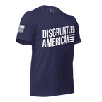Midnight navy t-shirt angled left featuring white "DISGRUNTLED AMERICAN" text and a white American flag on the sleeve.
