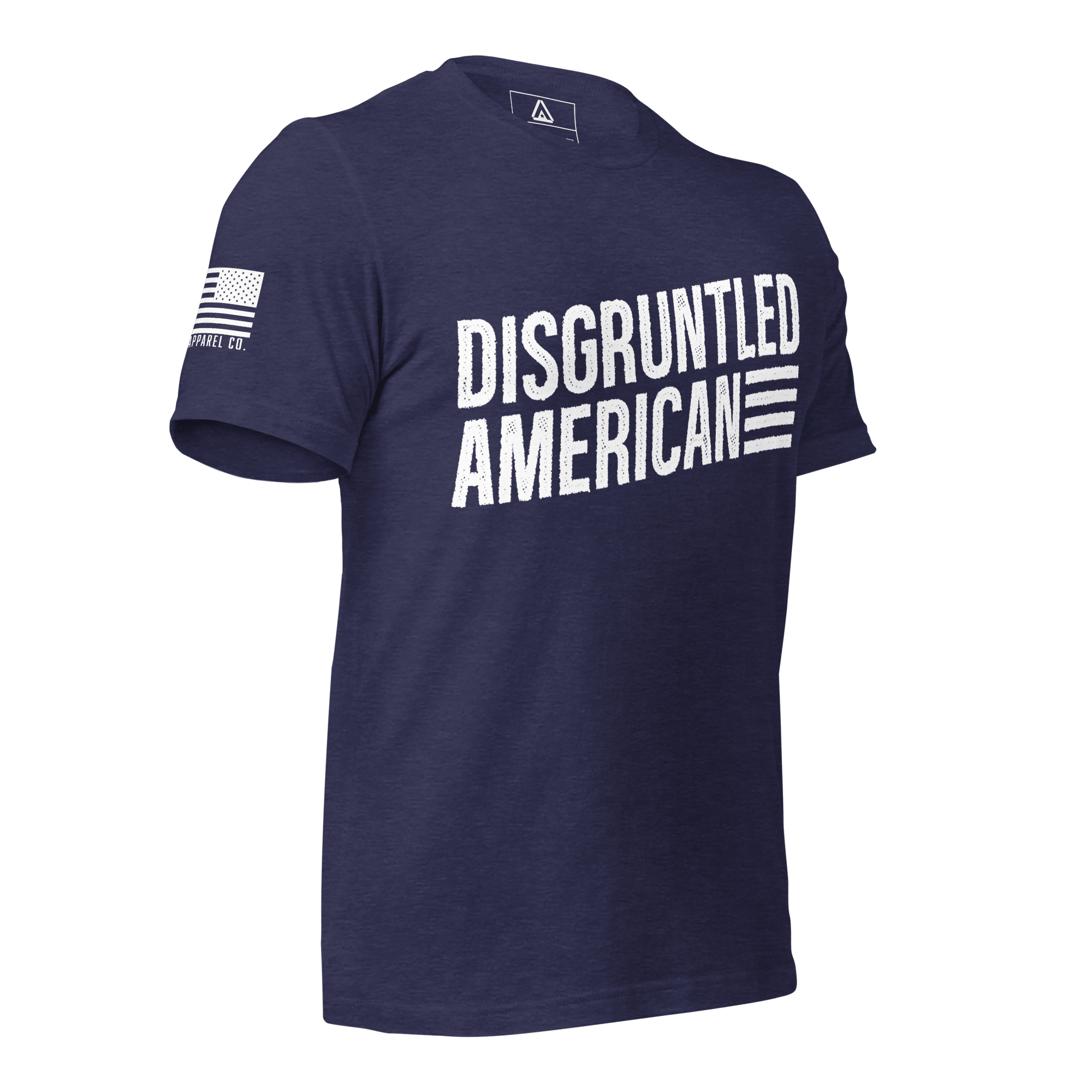 Midnight navy t-shirt angled left featuring white "DISGRUNTLED AMERICAN" text and a white American flag on the sleeve.