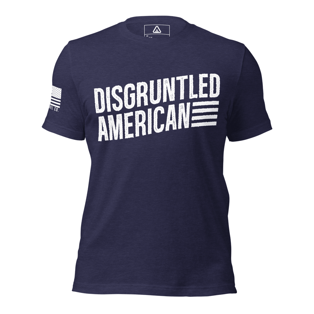 Midnight navy t-shirt featuring "DISGRUNTLED AMERICAN" text and a white American flag on the right sleeve.