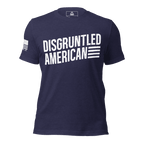 Midnight navy t-shirt featuring "DISGRUNTLED AMERICAN" text and a white American flag on the right sleeve.